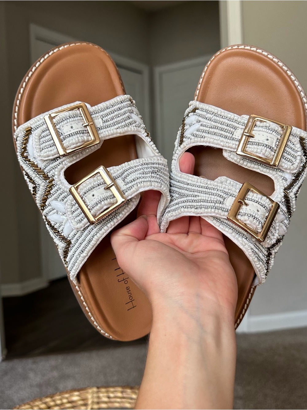 House of Harlow 1960 White Beaded Double-Buckle Slide Sandals Women’s US 6.5 - Picture 7 of 14